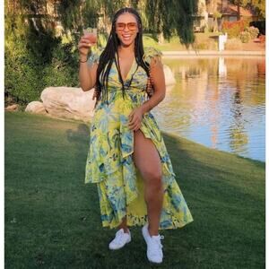 Banjanan Mercy Tiered Wrap Midi Dress Yellow Lisbon Garden Sunshine Size Medium